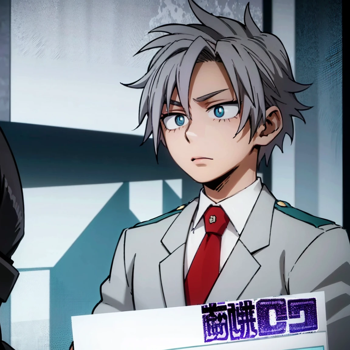 1boy, male focus, boku no hero academia, masterpiece, best quality, very aesthetic, muscular body, gray jacket, red tie, white shirt, teal pants, boots, short spiky hair, grayish violet hair, cyan eyes, night