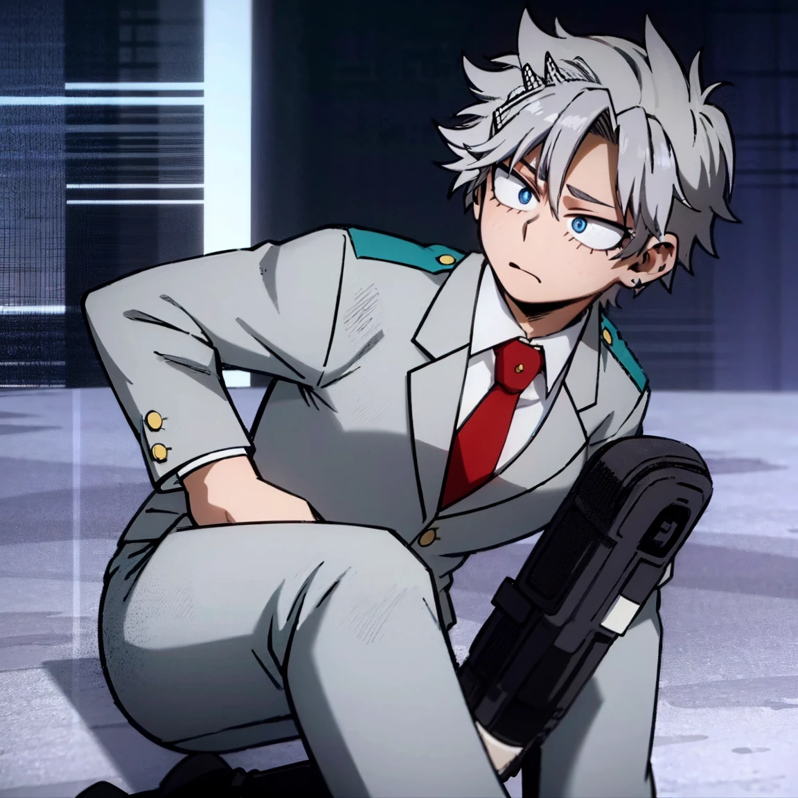 1boy, male focus, boku no hero academia, masterpiece, best quality, very aesthetic, muscular body, gray jacket, red tie, white shirt, teal pants, boots, short spiky hair, grayish violet hair, cyan eyes, night