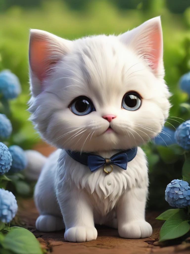 masterpiece,Highest quality,animal,a bit,cute,No humans,kitten,With a hydrangea field in the background