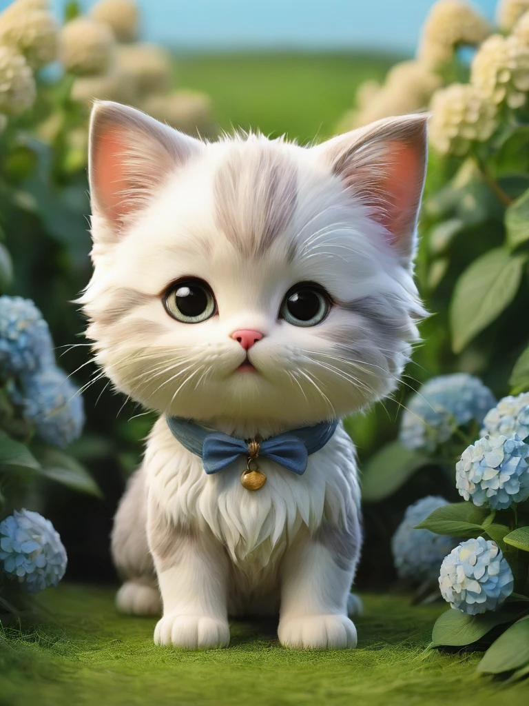 masterpiece,Highest quality,animal,a bit,cute,No humans,kitten,With a hydrangea field in the background