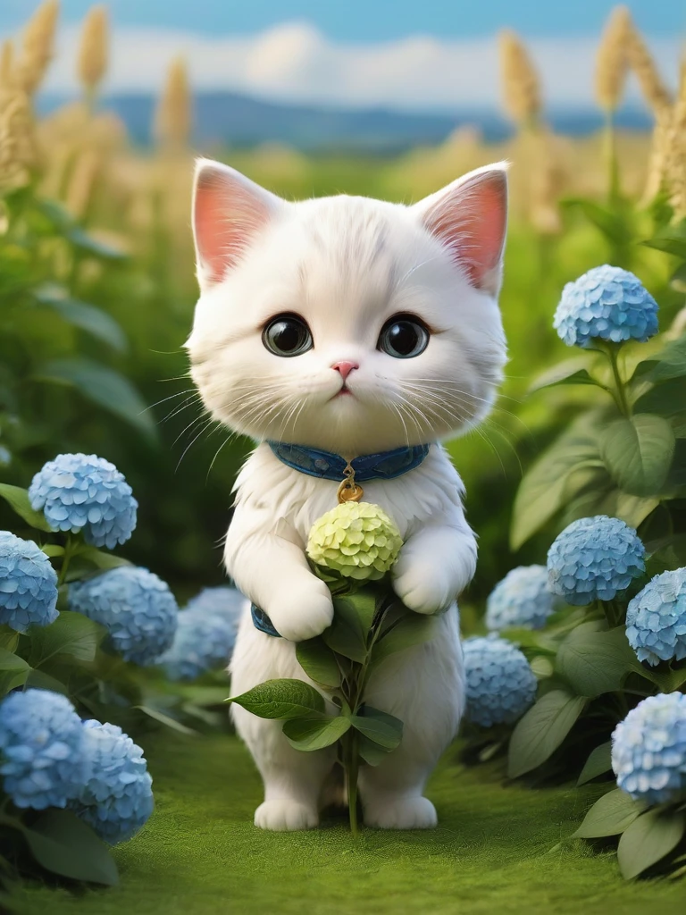 masterpiece,Highest quality,animal,a bit,cute,No humans,kitten,With a hydrangea field in the background