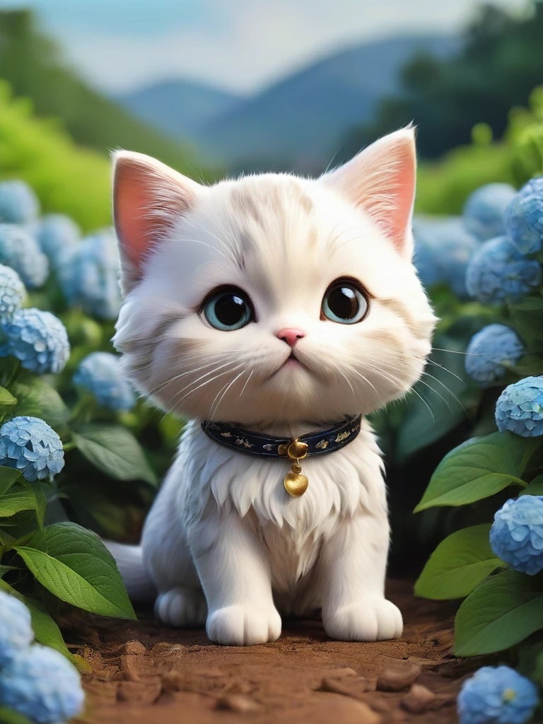 masterpiece,Highest quality,animal,a bit,cute,No humans,kitten,With a hydrangea field in the background
