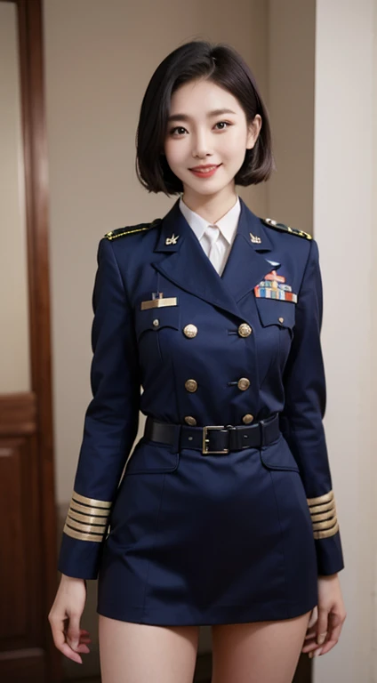 Highest quality, 4K, 8K, beautiful girl, Korean Makeup, Red lips, Platinum Hair, smile, Clear Face, thigh, Perfect body, Medium Chest, uniform, Second World Warの衣装, Second World War, Military blue outfit, Military Perspective,