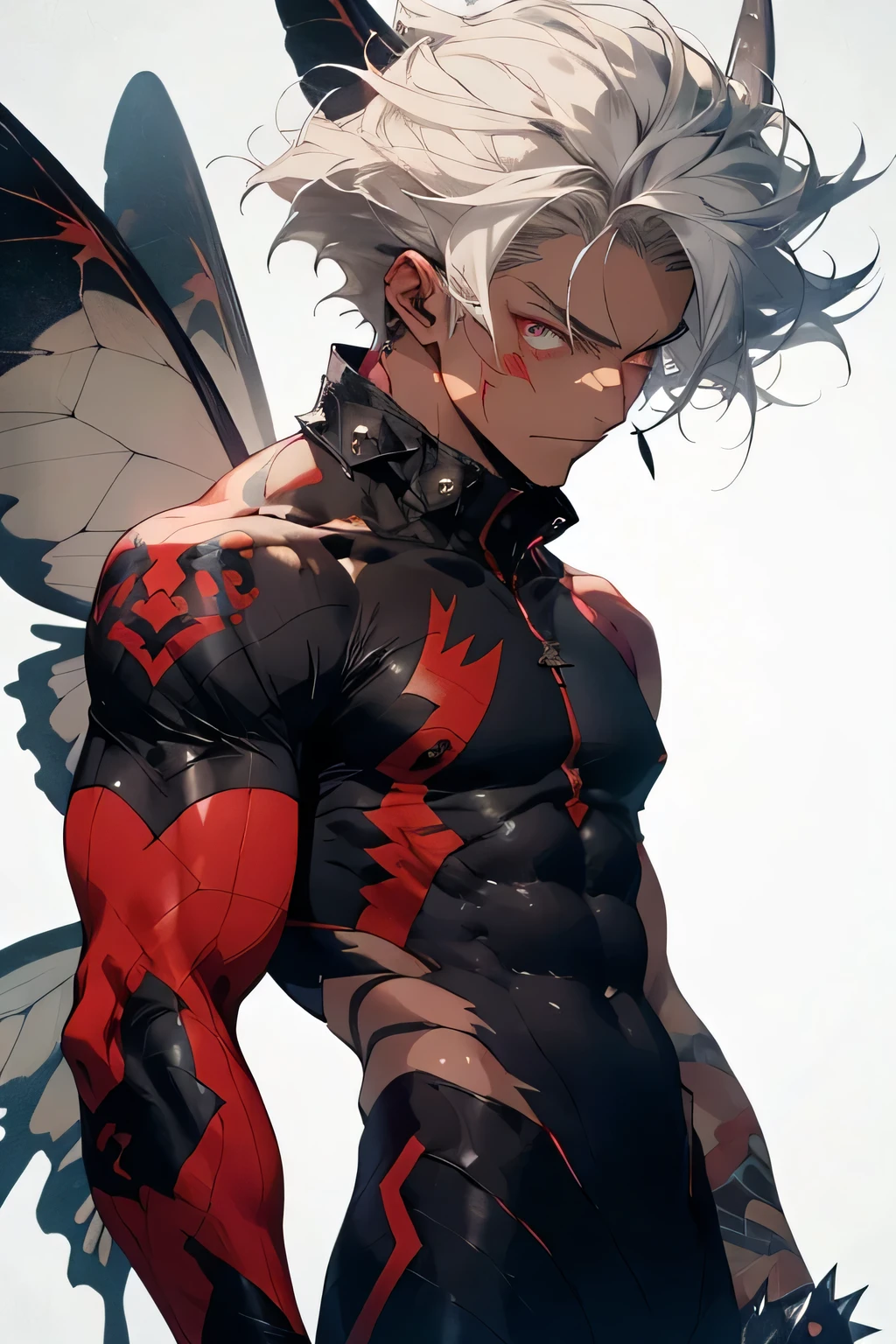 1 teenager, single boy, man, spiky hair, spiky hair, white hair, albino, red locks, red lock on one side of the face, tanned skin, red eyes, scars on the left eye, scars on the body, suit leather, butterfly wings, wings of fire, muscular body, athletic body, manly, fantasy (artwork) (high quality) (fairy)