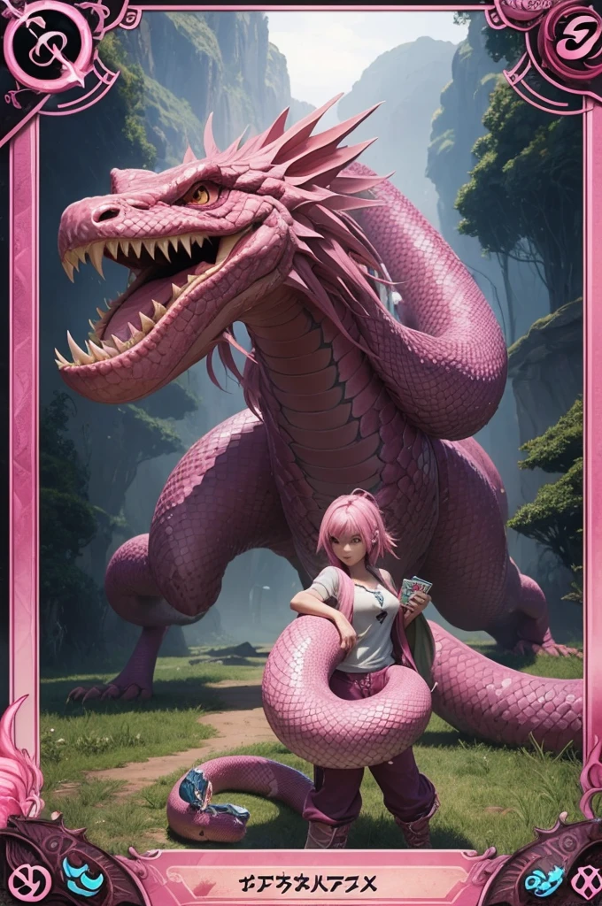 A giant, very faded and ferocious pink snake in the style of a card game like Magic Yu-Gi-Oh Pokémon, etc. 