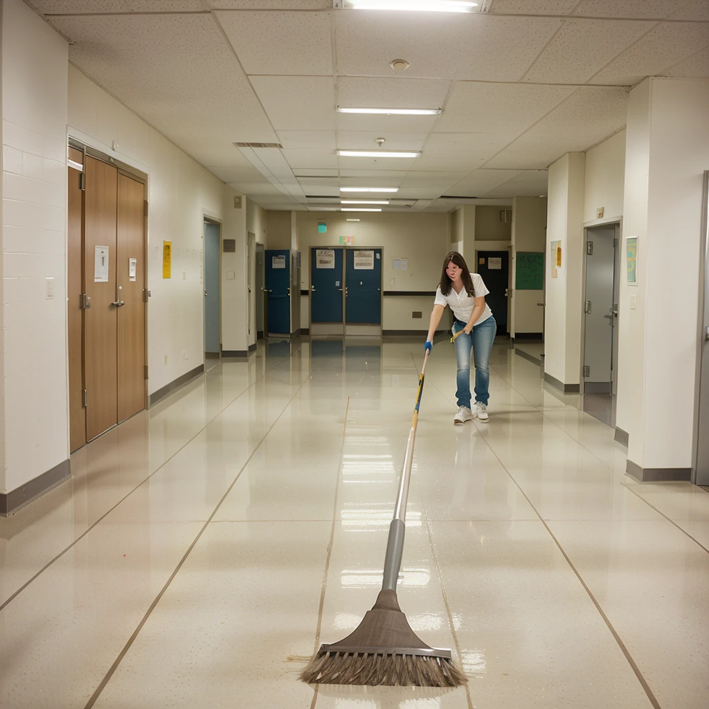 arafed woman sweeping the floor in a school hallway, high school, sweeping, clean detailed, super clean, miranda meeks, katey truhn, puttin, rachel wall, clean, alana fletcher, crisp and sharp, maintenance, clean line, jenna barton, b - roll, clean composition, nice composition, very clean, majestic sweeping action, perfect detail,