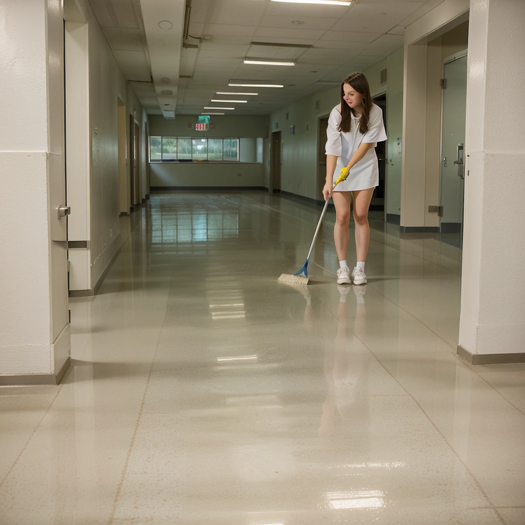 arafed woman sweeping the floor in a school hallway, high school, sweeping, clean detailed, super clean, miranda meeks, katey truhn, puttin, rachel wall, clean, alana fletcher, crisp and sharp, maintenance, clean line, jenna barton, b - roll, clean composition, nice composition, very clean, majestic sweeping action, perfect detail,