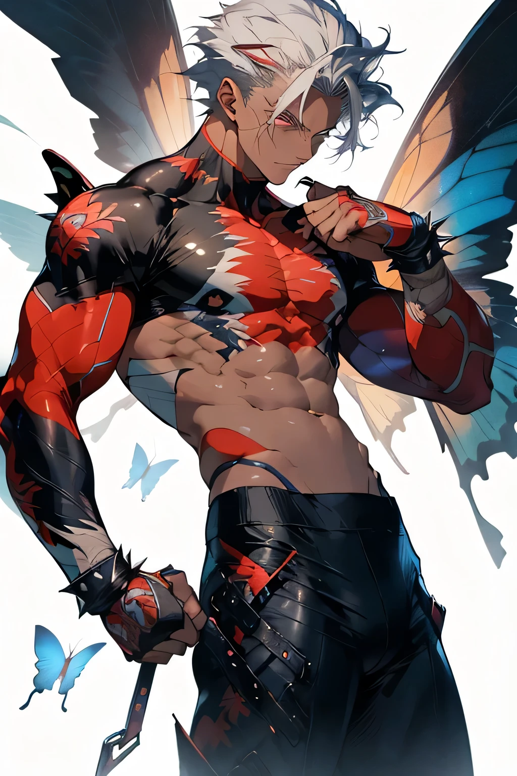 1 ager, single boy, man, spiky hair, spiky hair, white hair, albino, red locks, red lock on one side of the face, tanned skin, red eyes, scars on the left eye, scars on the body, suit leather, butterfly wings, wings of fire, muscular body, athletic body, manly, fantasy (artwork) (high quality) (fairy)