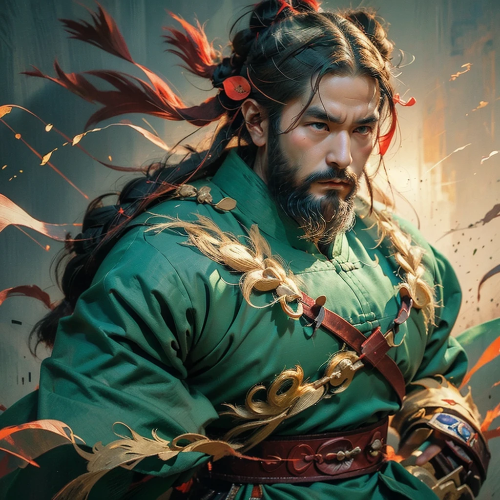 A full-length portrait of Liu Bei of ancient China. His appearance is soft but charismatic, with a short beard on the tip of his chin. A topknot unique to ancient China and a light green wooden armor.