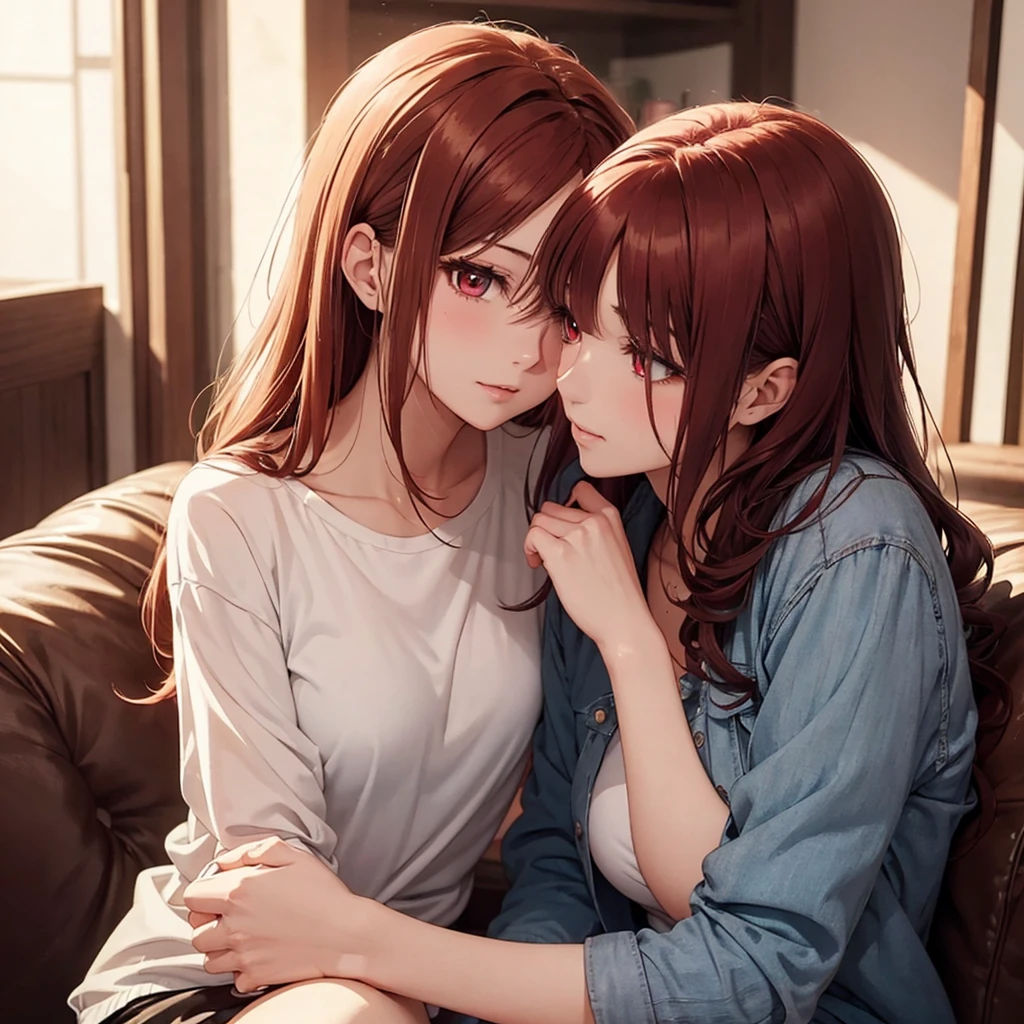 Two beautiful young women, Anime Style, Detailed face, Redhead, Red eyes, Delicate features, Soft lighting, Casual clothing, Embrace each other, Intimate pose, One touches the other'Gently wash your face, Sit on a cozy sofa, Warm and cozy living room, Relaxed affection, Dynamic pose, Japanese Anime Style, high quality, Very detailed, 8K resolution, Cinema Lighting, 最high quality, Vibrant colors, Instagrammable, beautiful, tendency、Half naked、sexy、Erotic