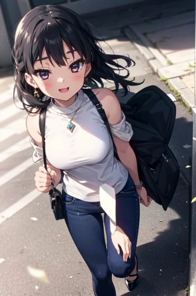 mioakiyama, My Akiyama, Long Hair, bangs, Black Hair, (Iris:1.3), Hime cut happy smile, smile, Open your mouth,blush,Cold shoulder tops,skinny pants,Stiletto heels,Walking,The sun is rising,morning,morning陽,whole bodyがイラストに入るように,
break outdoors, School,courtyard,
break looking at viewer, whole body,
break (masterpiece:1.2), Highest quality, High resolution, unity 8k wallpaper, (figure:0.8), (Beautiful attention to detail:1.6), Highly detailed face, Perfect lighting, Highly detailed CG, (Perfect hands, Perfect Anatomy),