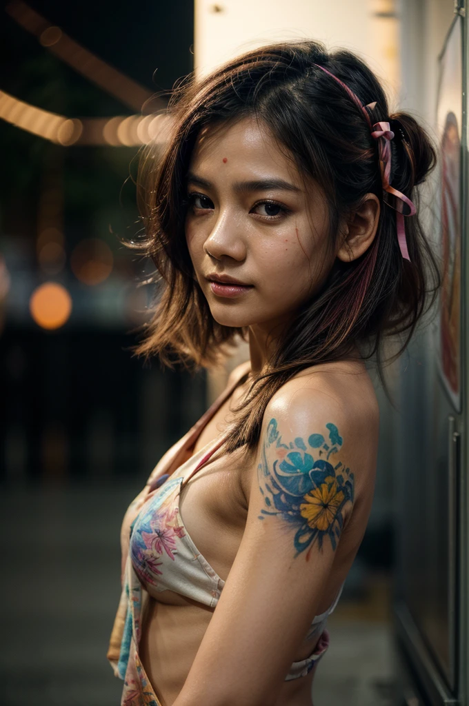 (8k, best quality, masterpiece:1.2),(best quality:1.0), (ultra highres:1.0), watercolor, a beautiful indonesian woman, shoulder, hair ribbons, by agnes cecile, half body portrait, extremely luminous bright design, pastel colors, (ink:1.3), autumn lights,