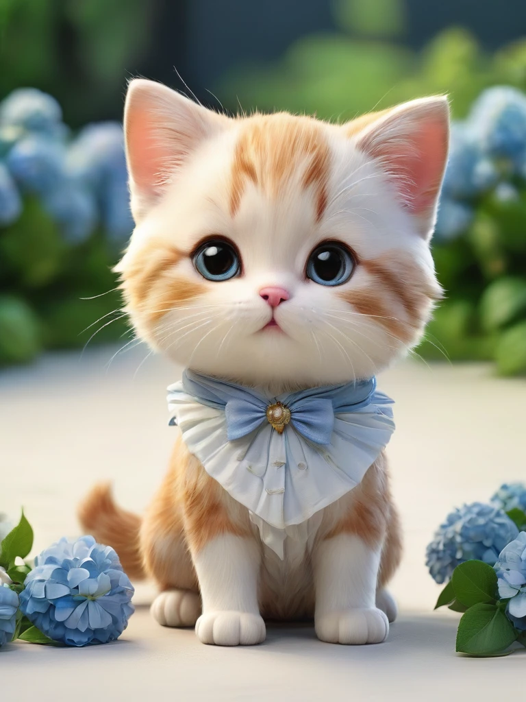 masterpiece,Highest quality,animal,a bit,cute,No humans,kitten,With a hydrangea field in the background