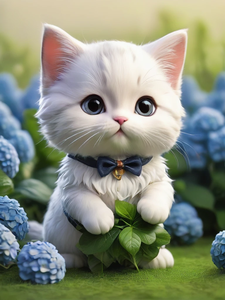 masterpiece,Highest quality,animal,a bit,cute,No humans,kitten,With a hydrangea field in the background