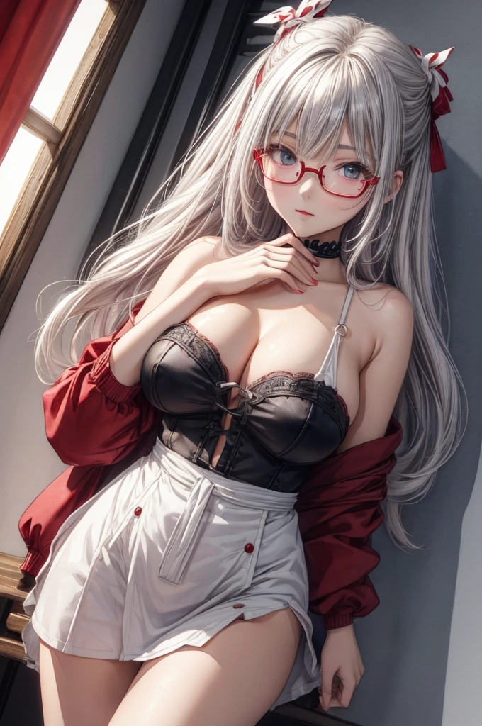 ((Sketch)), ((Watercolor)),((best quality)) ((best quality)), ((masterpiece)), (detailed), HD, Highly Detailed, 4k image, anime style, beautiful young age girl, 13 ynned white skin, long waist length hair(red-white hair)(white highlights), soft facial features, heterochromatic eyes(left eye: silver)(right eye: red), elegant battle-styled sundress, cherry red plump lips, large E-cup breasts, short height(150cm). wide hips and large round ass, silver round-frame glasses
