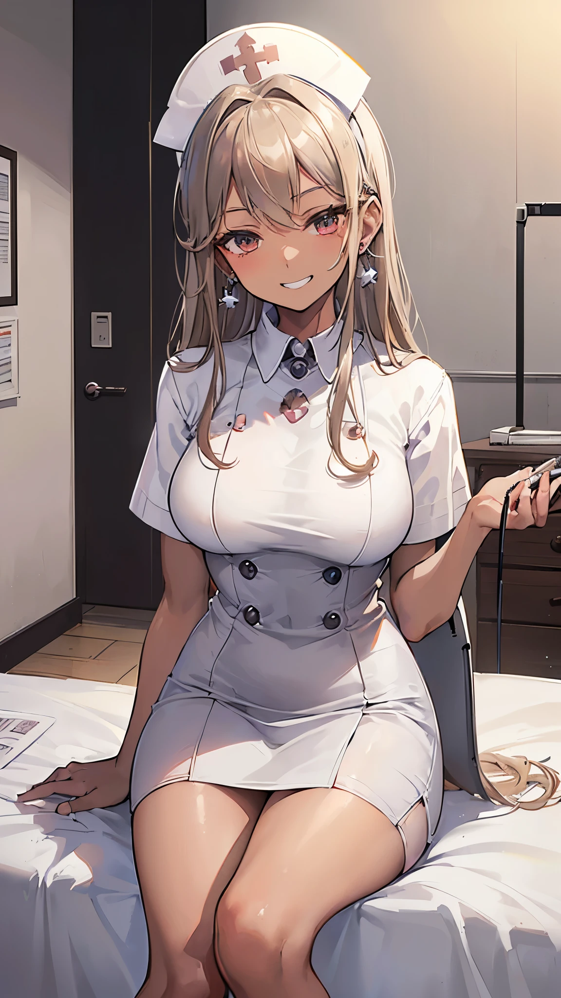 ((masterpiece、Highest quality、Very detailed))、One Girl、((Brown skin:1.3))、Blonde、Long Hair、Grey Eyes、evil smile、((Grin))、Earrings、Large Breasts、Nurse cap、((nurse))、((pencil skirt))、((Miniskirt))、Cowboy Shot、Sit on the bed、spread legs、((black panties))、((Hospital room background))