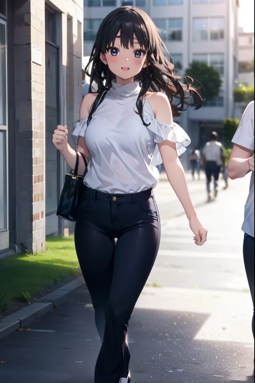 mioakiyama, My Akiyama, Long Hair, bangs, Black Hair, (Iris:1.3), Hime cut happy smile, smile, Open your mouth,blush,Cold shoulder tops,skinny pants,Stiletto heels,Walking,The sun is rising,morning,morning陽,whole bodyがイラストに入るように,
break outdoors, School,courtyard,
break looking at viewer, whole body,
break (masterpiece:1.2), Highest quality, High resolution, unity 8k wallpaper, (figure:0.8), (Beautiful attention to detail:1.6), Highly detailed face, Perfect lighting, Highly detailed CG, (Perfect hands, Perfect Anatomy),