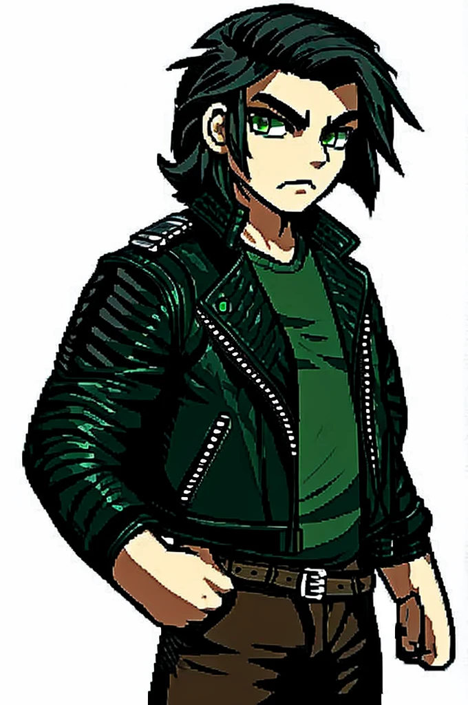 Make a metalhead boy,with very dark green eyes, black hair and leather jacket showing the whole body and white background 