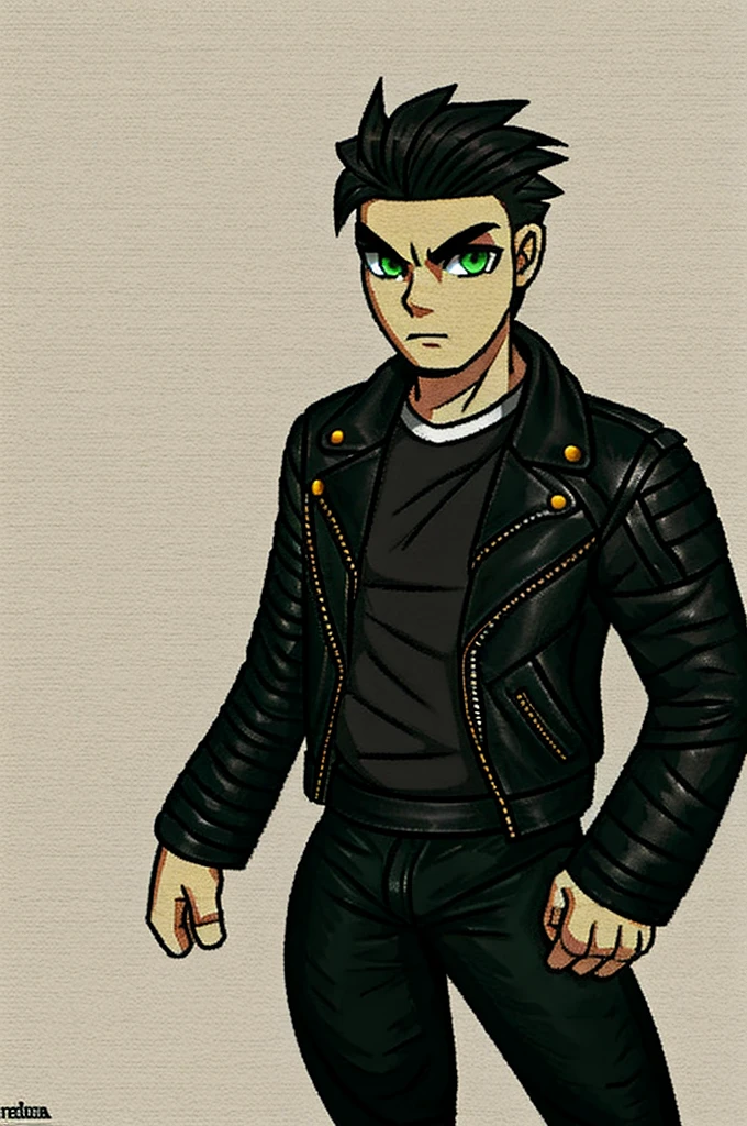 Make a metalhead boy,with very dark green eyes, black hair and leather jacket showing the whole body and white background 