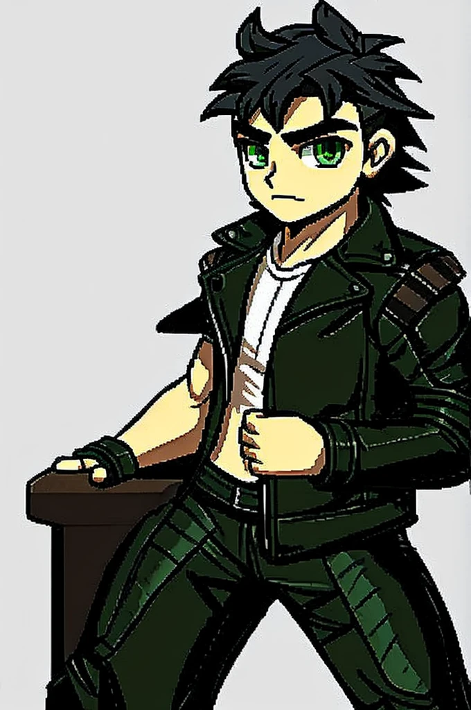 Make a metalhead boy,with very dark green eyes, black hair and leather jacket showing the whole body and white background