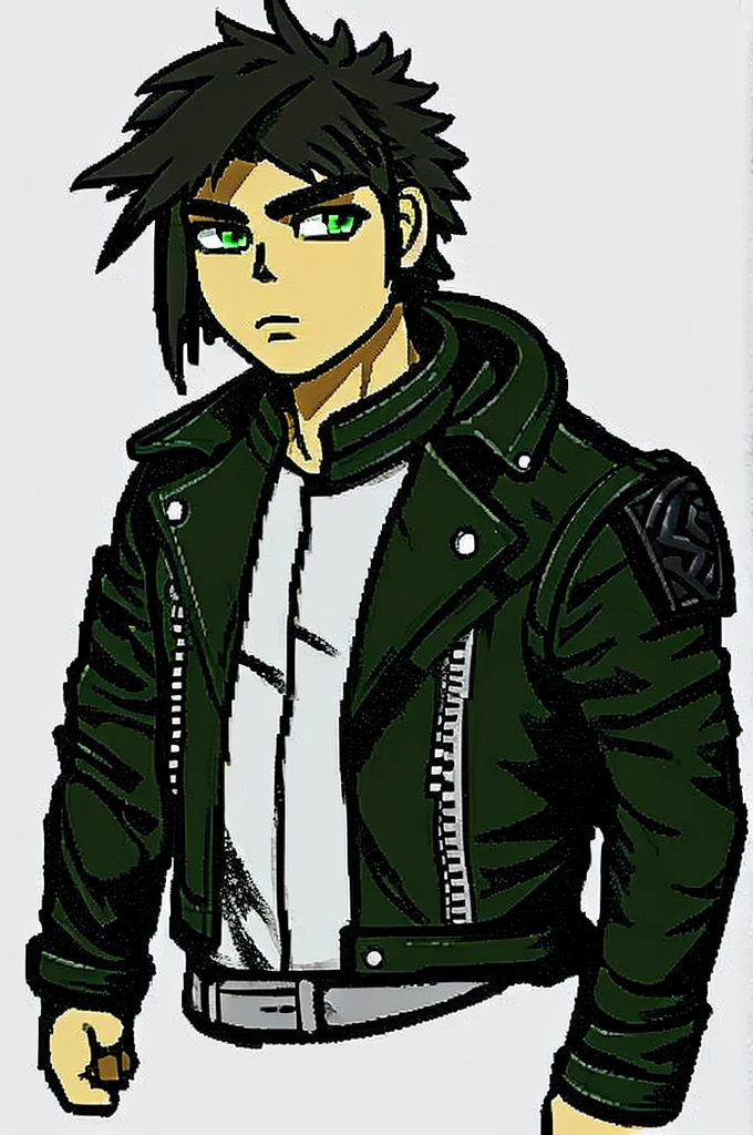 Make a metalhead boy,with very dark green eyes, black hair and leather jacket showing the whole body and white background 