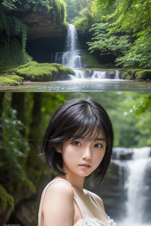 ruinsに佇む少女, Blowing in the wind for a long time [Blue-black:.3] hair,Show Viewer, (masterpiece:1.3), (8K, Realistic, RAW Photos, Highest quality: 1.4), Japanese, (One Girl), Beautiful Face, (Realistic Face), (black hair, short hair:1.3), beautiful hairstyle, Realistic eyes, Beautiful details, (Realistic Skin), Beautiful Skin, charm, Ultra-high resolution, Ultra-realistic, Very detailed, ruins, waterfall, wood々