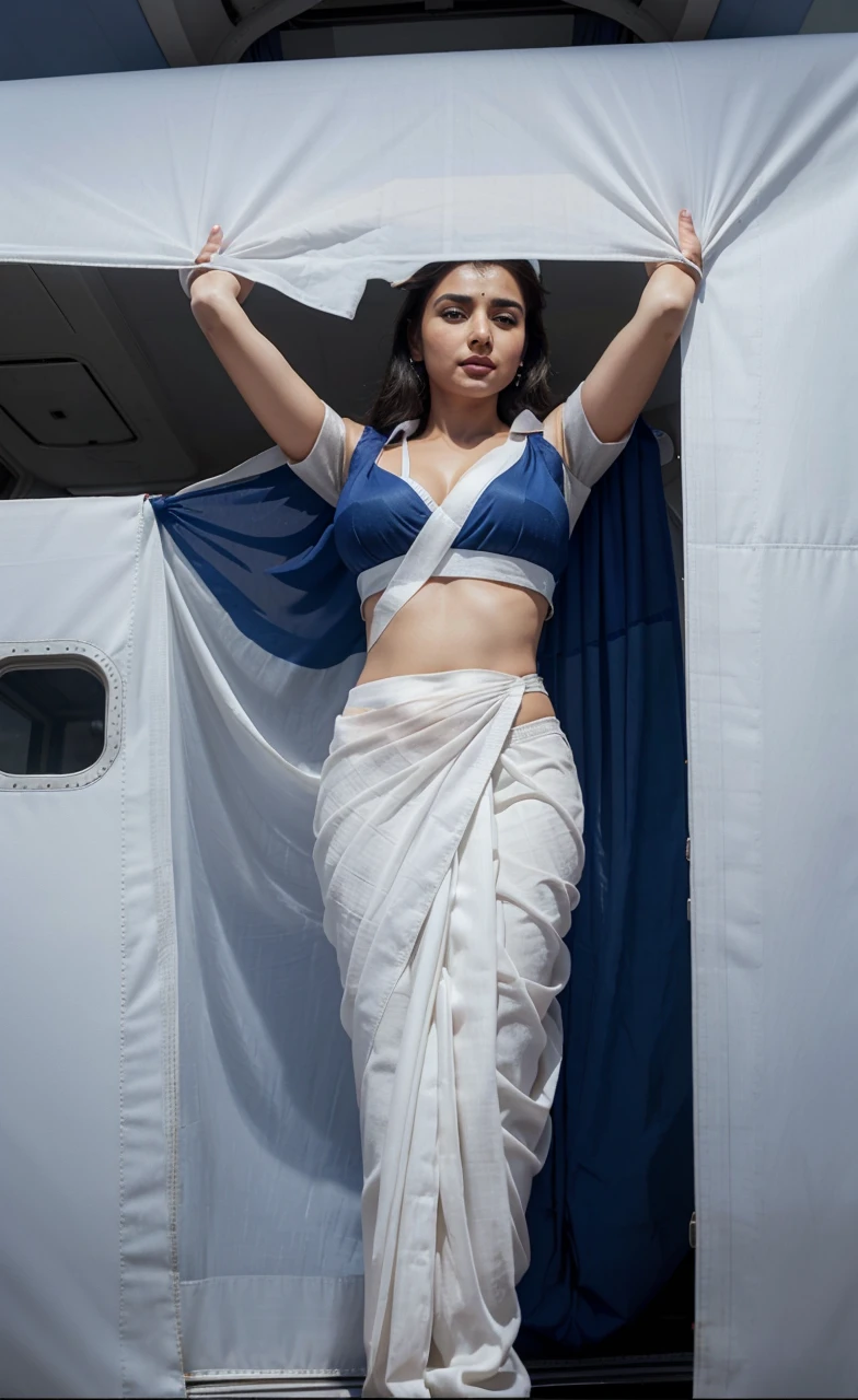 A beautiful gorgeous cute white airhostess wearing an ultra low rise saree as airline uniform and standing inside a plane putting the luggage up in the cabin, her saree is dark blue, the angle shows everything and is far, Ultra realistic, natural, UHD, detailed, accurate, photorealistic, 8K resolution