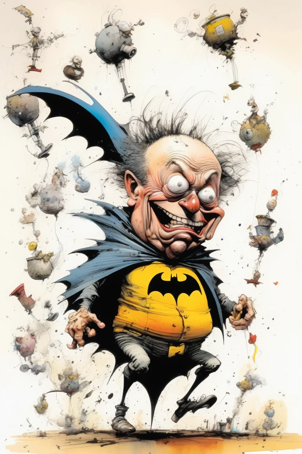 Ralph Steadman Style - a caricature illustration of Batman, in the style of ralph steadman, fantastical contraptions, skottie young, john wilhelm, bulbous, cartoonish chaos, emphasizes emotion over realism