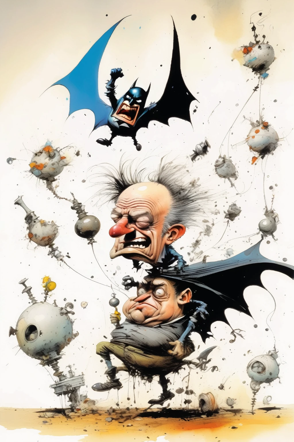 Ralph Steadman Style - a caricature illustration of Batman, in the style of ralph steadman, fantastical contraptions, skottie young, john wilhelm, bulbous, cartoonish chaos, emphasizes emotion over realism