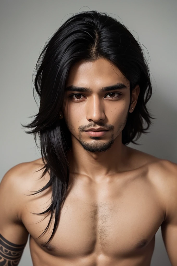 A 23 year old man, straight black shoulder length hair, of Indian descent, no tattoo