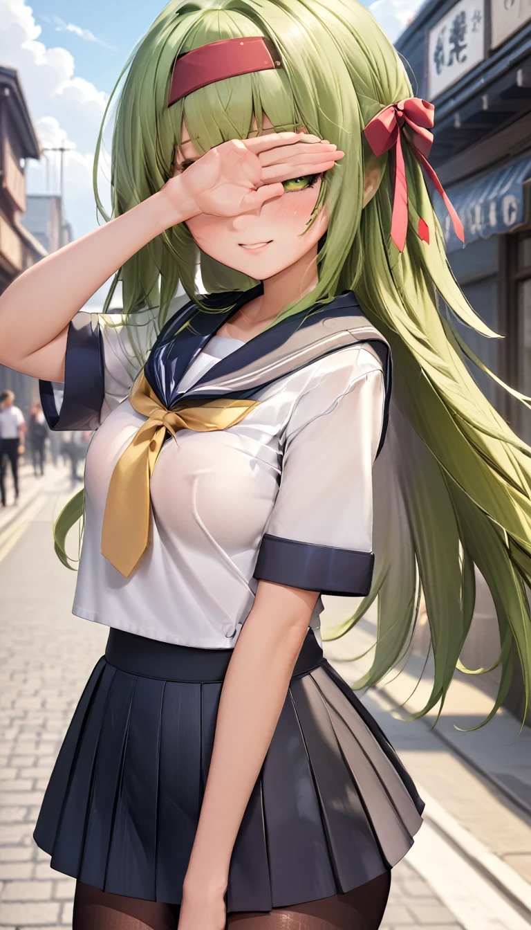 (masterpiece,Highest quality,Ultra-high resolution),(Perfect Face, Perfect body、Perfect hands、Clean five fingers),1girl,(Kilo, green eyes, green hair, long hair, hairband, black hair ribbon, pantyhose),(JK,Sailor suit),(very young),(Blushing, embarrassed),(In town,Hikage),covering eyes