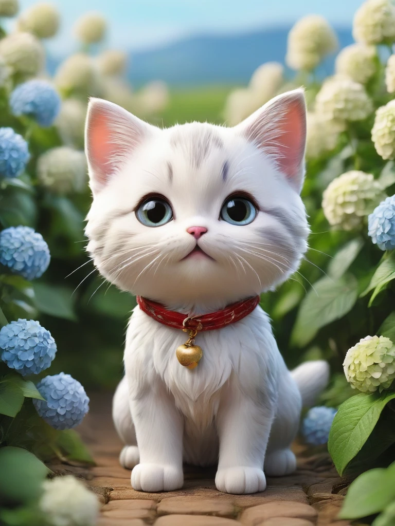 masterpiece,Highest quality,animal,a bit,cute,No humans,kitten,With a hydrangea field in the background、With a smile、