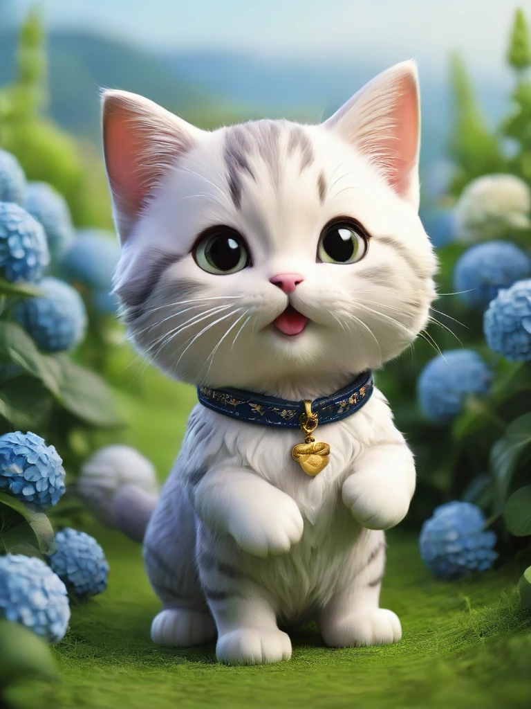 masterpiece,Highest quality,animal,a bit,cute,No humans,kitten,With a hydrangea field in the background、With a smile、