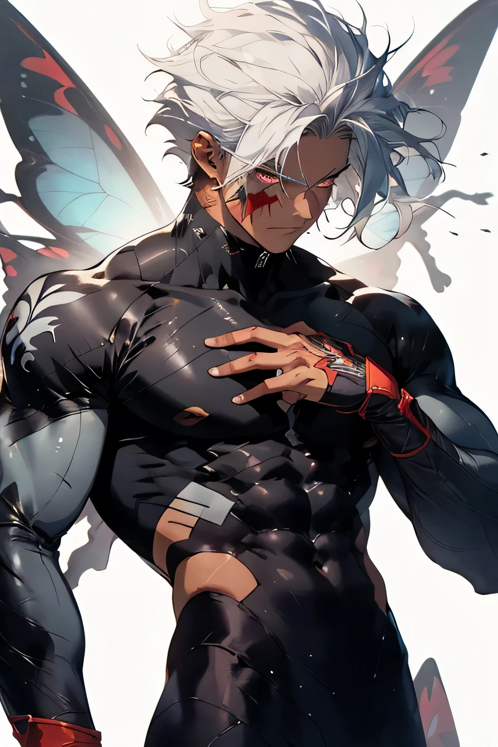 1 ager, single boy, man, spiky hair, spiky hair, white hair, albino, red locks, red lock on one side of the face, tanned skin, red eyes, scars on the left eye, scars on the body, suit leather, butterfly wings, wings of fire, muscular body, athletic body, manly, fantasy (artwork) (high quality) (fairy)