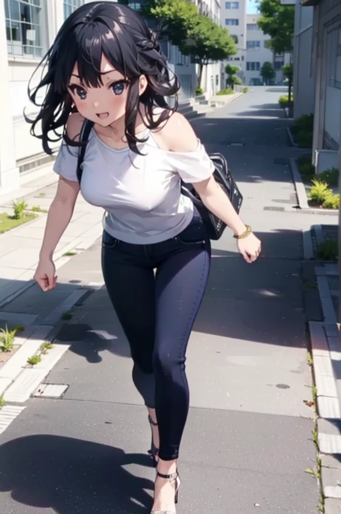 mioakiyama, My Akiyama, Long Hair, bangs, Black Hair, (Iris:1.3), Hime cut happy smile, smile, Open your mouth,blush,Cold shoulder tops,skinny pants,Stiletto heels,Walking,The sun is rising,morning,morning陽,whole bodyがイラストに入るように,
break outdoors, School,courtyard,
break looking at viewer, whole body,
break (masterpiece:1.2), Highest quality, High resolution, unity 8k wallpaper, (figure:0.8), (Beautiful attention to detail:1.6), Highly detailed face, Perfect lighting, Highly detailed CG, (Perfect hands, Perfect Anatomy),