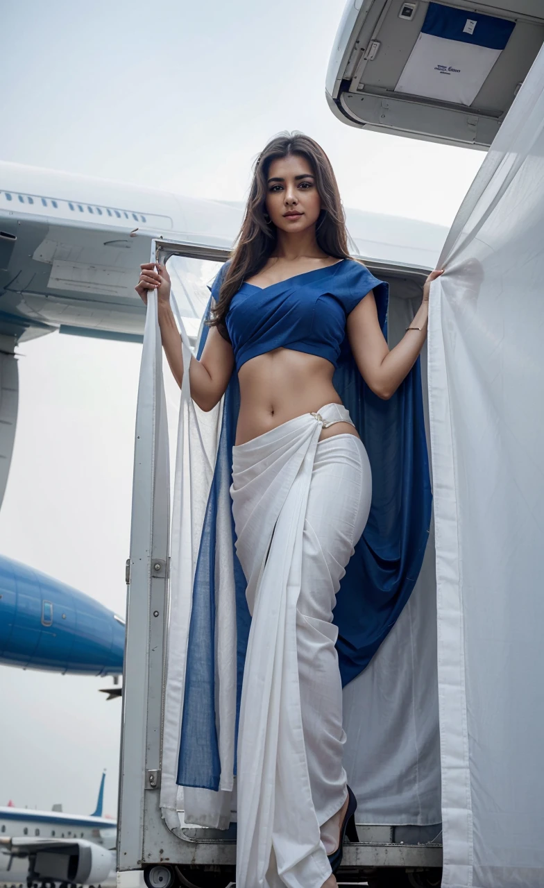 A beautiful gorgeous cute white airhostess wearing an ultra low rise saree as airline uniform and standing inside a plane putting the luggage up in the cabin, her saree is dark blue, the angle shows everything and is far, Ultra realistic, natural, UHD, detailed, accurate, photorealistic, 8K resolution