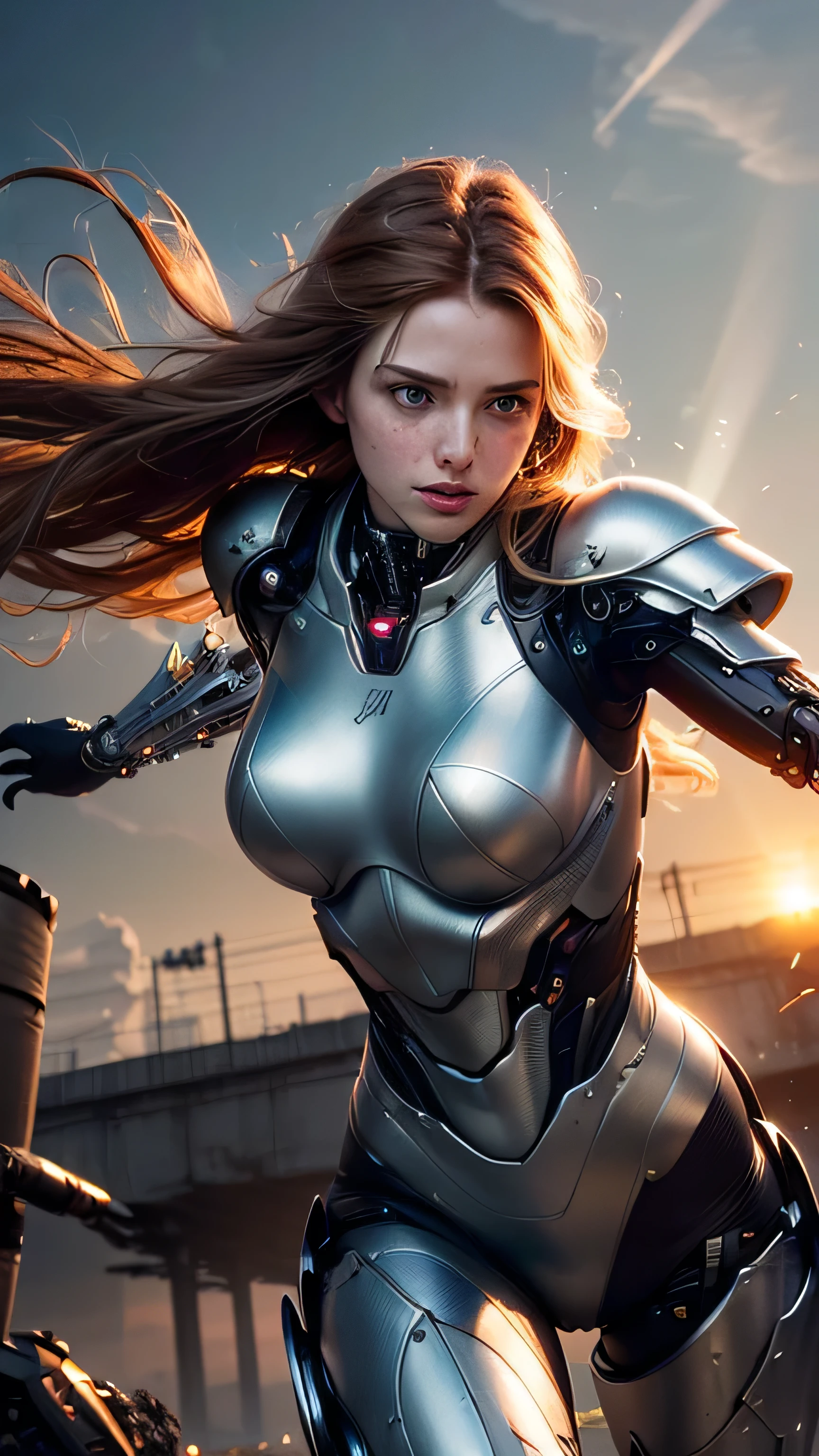 (masterpiece, photorealistic:1.4, extremely intricate:1.3), (photon mapping, radiosity, physically based rendering, ultra resolution, hyper-realistic, hyper-realistic, 8K, (dtx)), muscular girl, ((Sumptuous armor from the late Renaissance, lacquered white perfectchainmail armor:0.8, ((mechanical limbs, cybernetic arms, futuristic cyborg, ((weapon)))), intense, [skin detail:freckles:0.8])), metal reflections, outdoors, sunset, background futuristic battlefield, far away city destruction, god rays blasting a crater, professional photograph, (long straight ginger hair, wind, windy, running dynamic movement pose, arm raised), sharp focus, dramatic, award winning, (film grain, bokeh, interaction)