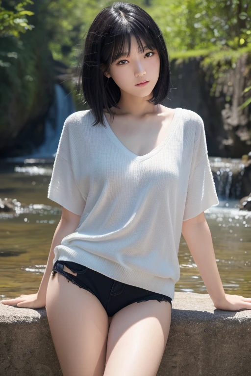 ruinsに佇む少女, Blowing in the wind for a long time [Blue-black:.3] hair,Show Viewer, (masterpiece:1.3), (8K, Realistic, RAW Photos, Highest quality: 1.4), Japanese, (One Girl), Beautiful Face, (Realistic Face), (black hair, short hair:1.3), beautiful hairstyle, Realistic eyes, Beautiful details, (Realistic Skin), Beautiful Skin, charm, Ultra-high resolution, Ultra-realistic, Very detailed, ruins, waterfall, wood々、thigh