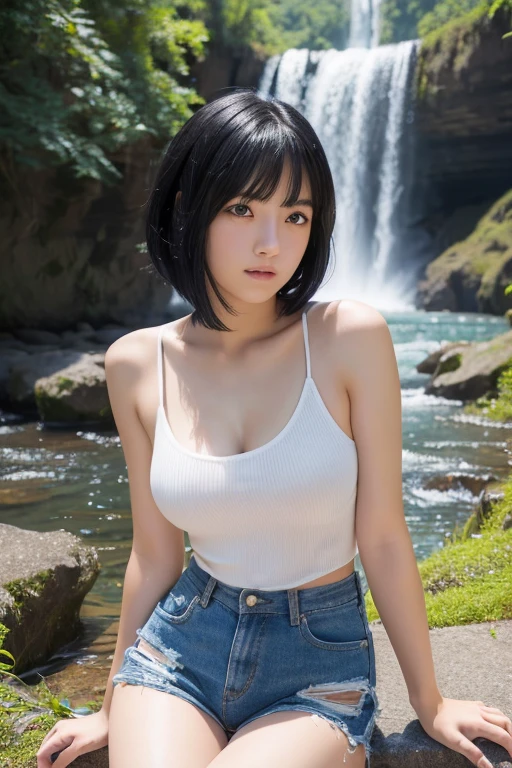ruinsに佇む少女, Blowing in the wind for a long time [Blue-black:.3] hair,Show Viewer, (masterpiece:1.3), (8K, Realistic, RAW Photos, Highest quality: 1.4), Japanese, (One Girl), Beautiful Face, (Realistic Face), (black hair, short hair:1.3), beautiful hairstyle, Realistic eyes, Beautiful details, (Realistic Skin), Beautiful Skin, charm, Ultra-high resolution, Ultra-realistic, Very detailed, ruins, waterfall, wood々、thigh