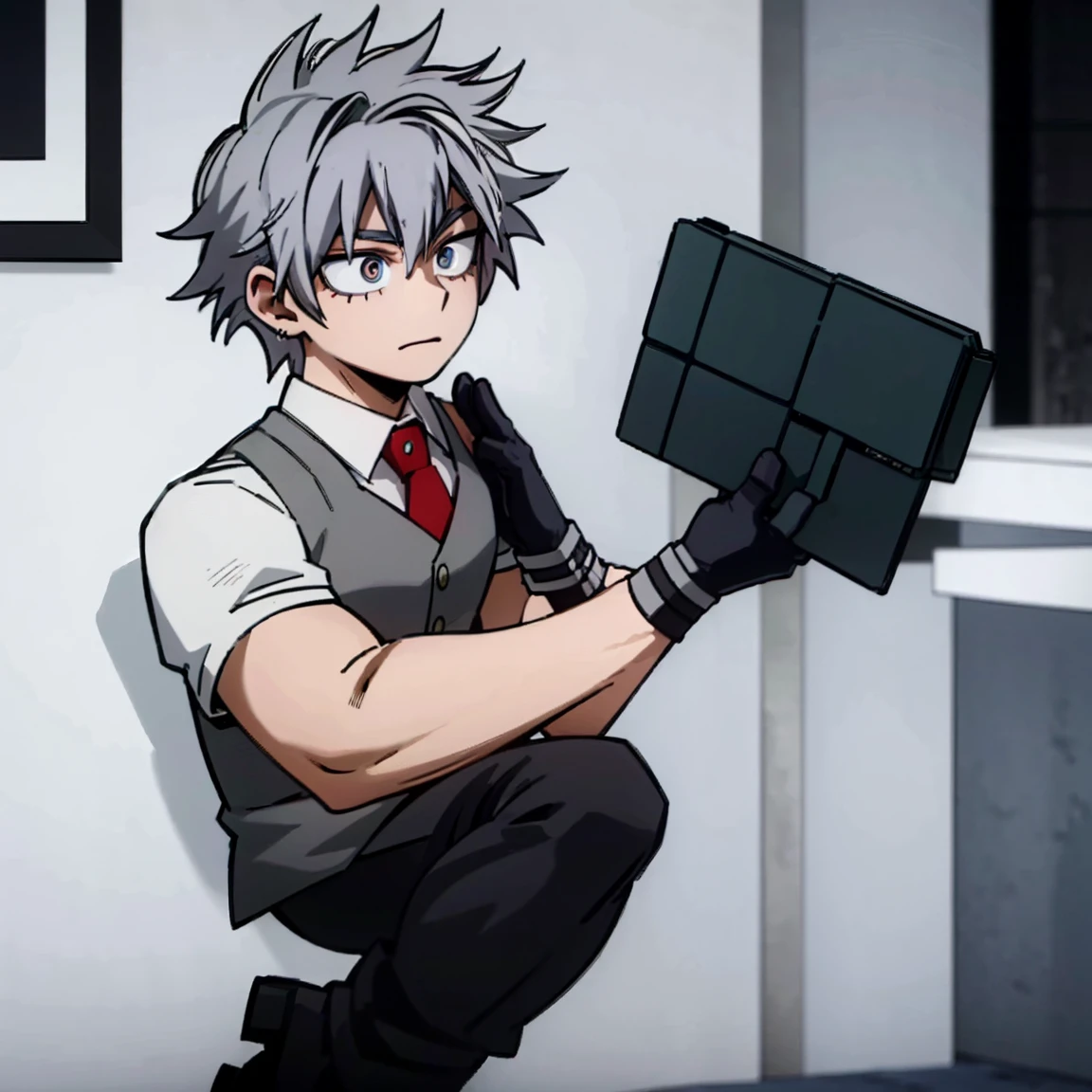 1boy, male focus, boku no hero academia, masterpiece, best quality, very aesthetic, muscular body, gray jacket, red tie, white shirt, teal pants, boots, short spiky hair, grayish violet hair, cyan eyes, night