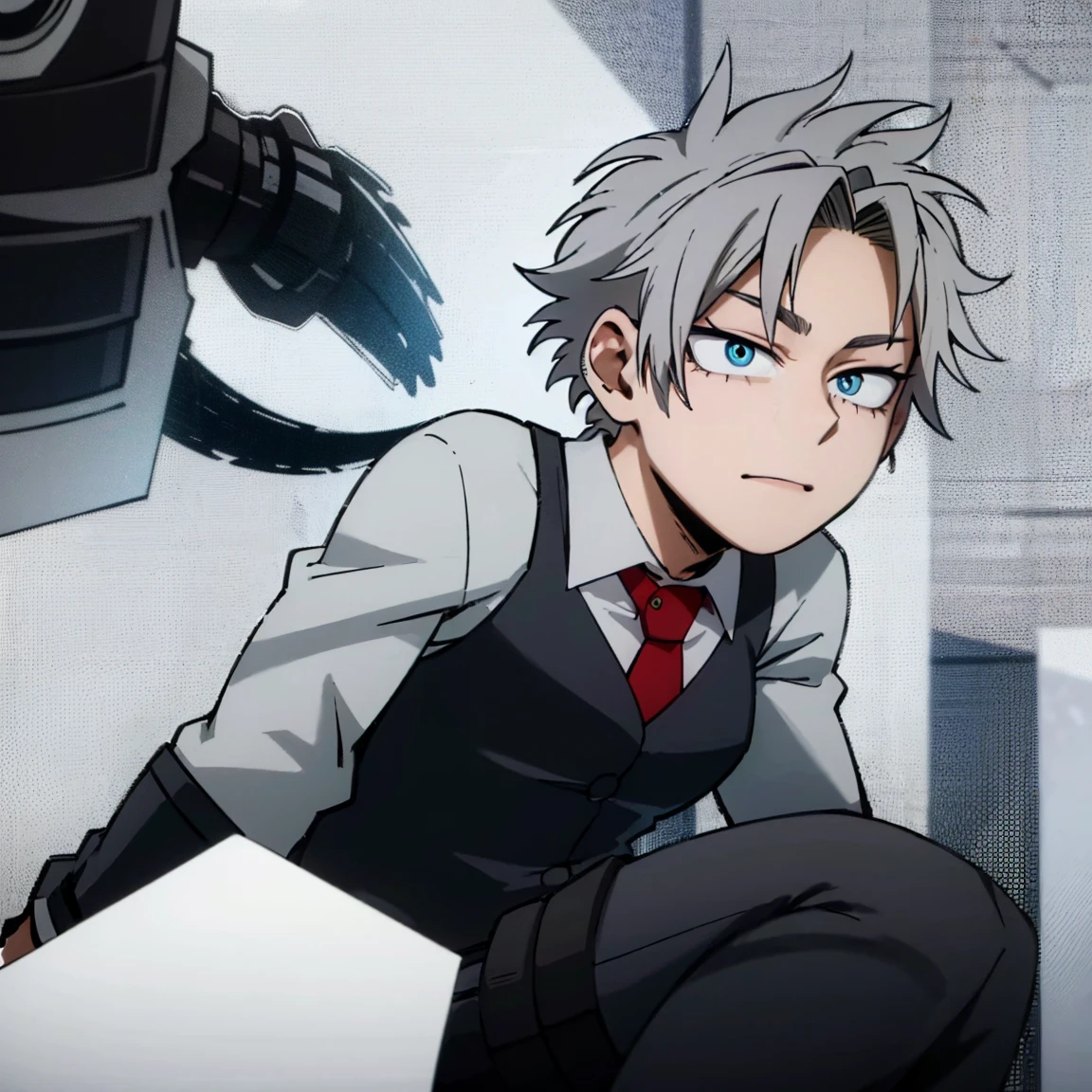 1boy, male focus, boku no hero academia, masterpiece, best quality, very aesthetic, muscular body, gray jacket, red tie, white shirt, teal pants, boots, short spiky hair, grayish violet hair, cyan eyes, night