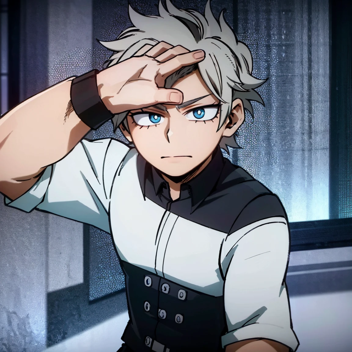 1boy, male focus, boku no hero academia, masterpiece, best quality, very aesthetic, muscular body, gray jacket, red tie, white shirt, teal pants, boots, short spiky hair, grayish violet hair, cyan eyes, night