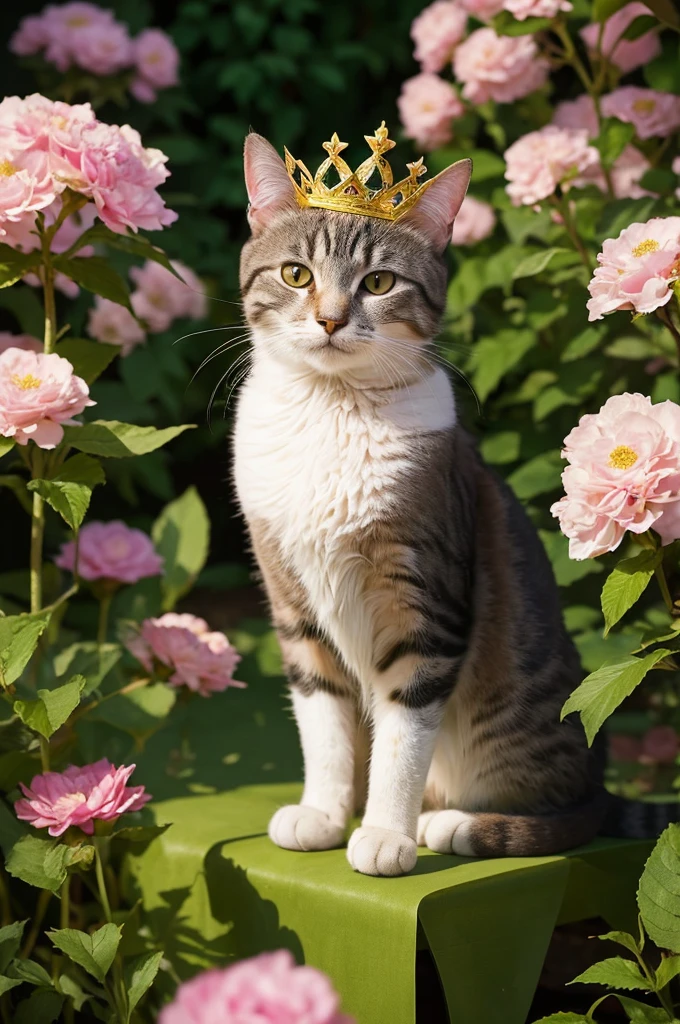A cat wearing a crown sitting in a flower garden, in the style of a studio portrait, with dramatic lighting, regal, elegant, playful, curious, and mischievous, through a wide-angle camera lens, photographic