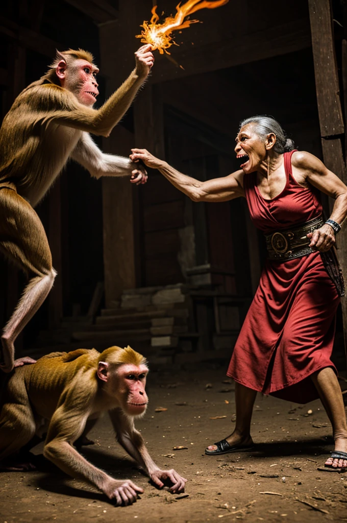 Demon-possessed macaque fights with an old lady with the power of God