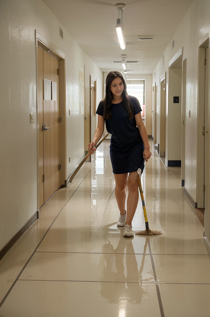 arafed woman sweeping the floor in a school hallway, high school, sweeping, clean detailed, super clean, miranda meeks, katey truhn, puttin, rachel wall, clean, alana fletcher, crisp and sharp, maintenance, clean line, jenna barton, b - roll, clean composition, nice composition, very clean, majestic sweeping action, perfect detail,