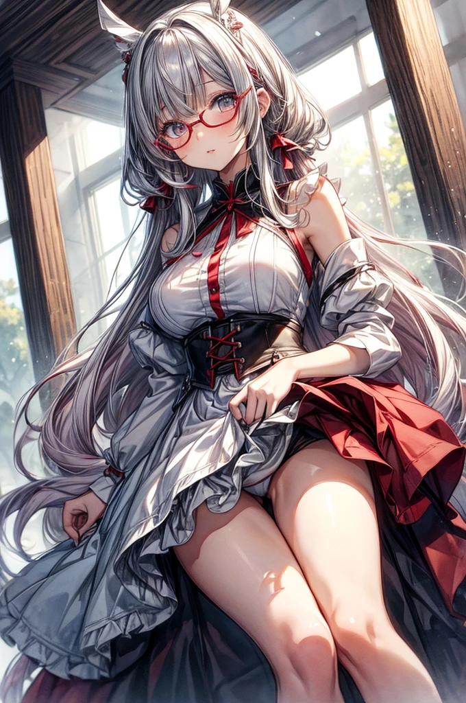 ((Sketch)), ((Watercolor)),((best quality)) ((best quality)), ((masterpiece)), (detailed), HD, Highly Detailed, 4k image, anime style, beautiful young teenage girl, 13 years old, tanned white skin, long waist length hair(red-white hair), soft  features, heterochromatic eyes(left eye: silver)(right eye: red), elegant battle-styled sundress, cherry red plump lips, large E-cup , short height(150cm). wide  and large round , silver round-frame glasses