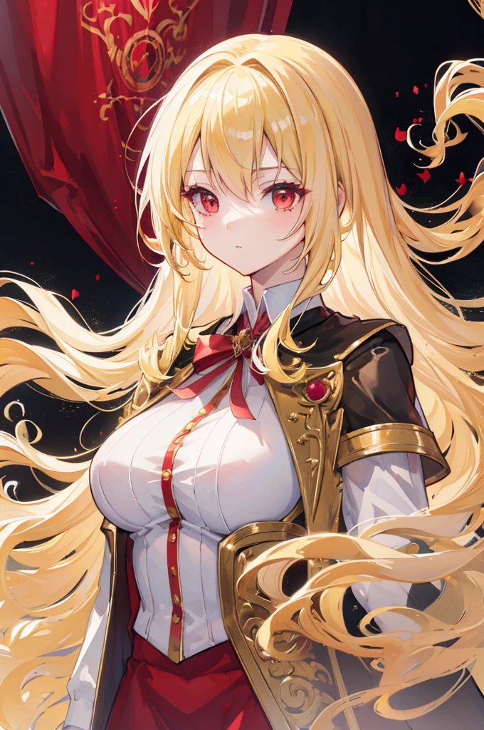 (masterpiece, highest quality:1.2), highest quality, masterpiece, high resolution, Anime style, portraiture, long hair, gold hair, blond hair, dazzling, upper class, oversized coat, immature, ruby red eyes, ((middle breasts, Age-appropriate breasts)), magic, magic square, magician