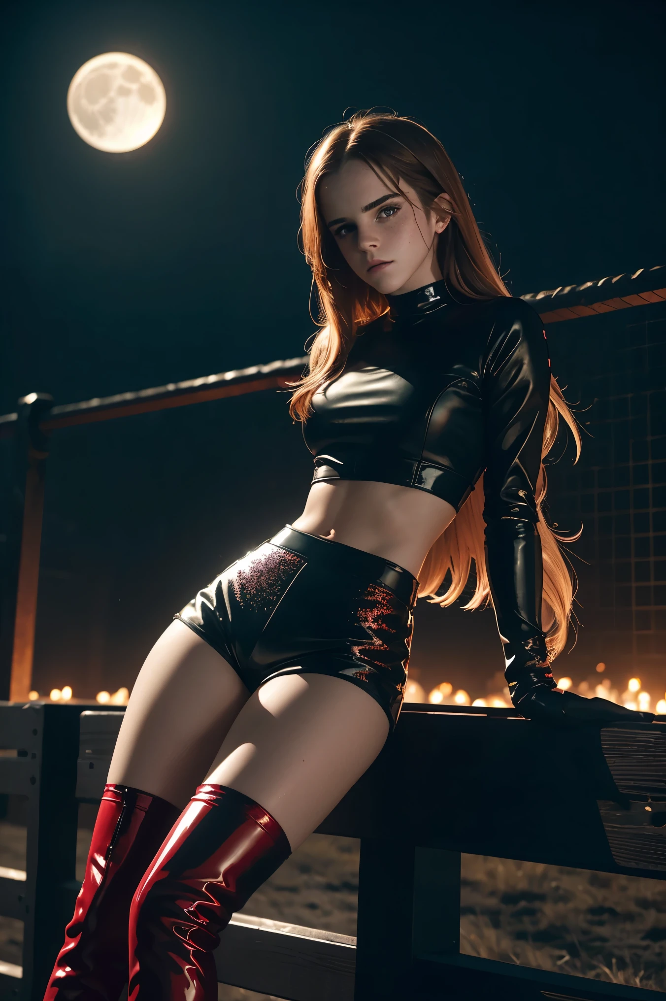 Highly detailed. a sexy beautiful teen Emma Watson. long hair. freckles, faint smile. red tight intricate sparkly latex shorts, crop top, boots. sitting on fence. dark ambient. cinematic lighting. background moon. full shot.