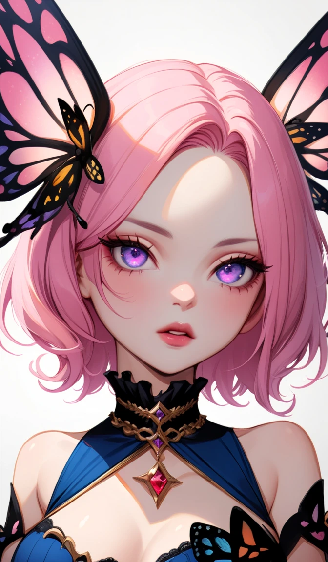 atmosfera sanguinária terror devil Besouro fairy and colorful mix (blue, orange, black, white) butterflies around her. sexy Sasuke + bulma peitos grandes fênix power chamas negras Magnificent butterfly wings. Colorful mix stars red on the head. Light colored big eyes. Eyes and pupils should be symmetrical. Look at the camera. Pink and blue tulle dress with top and white skirt. Full lips. Close-up portrait. Centered image. I don't want jewelry. Elegant face. Ink drawing. Watercolor. Hyperrealism. Fantastic. Fantasy. Naturalism. Surrealism. Pop Surrealism. Absurd. Close-up portrait. Centered image. Perfect pose. Admirable. I don't want jewelry. Flawless beauty. Rare beauty. Mysterious. A dreamy fairy tale. Storybook illustration. A masterpiece of small details. Sharp focus. Ultra detailed. Dynamic pose. Fluent. Energetic. Organic. Atmospheric. Perfect synchronization of soft colors and vivid colors. 60-30-10 rule. The image must have a mysterious look and an incredible masterpiece quality. Ultra detailed. Soft palette. Transition from tone to tone. Super details. Pay close attention to small details. Ultra-fine details that capture every texture. The macro should provide details. Super detailed texture. Realistic texture design. Luxurious details. It must be absolutely perfect. Cinematic effects must be applied. The proportions of objects must match the aspect ratio of the screen. It must be UHD (Ultra High Definition format). High quality. 32k Ultra HD, ultra realistic. 35mm Fuji Film. Pino Daeni style. Brooke Shaden style. Michael Hussar style. Gerald Brom style.