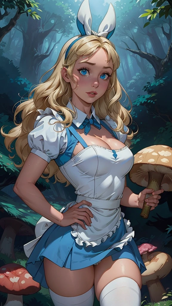 (La mejor calidad,A high resolution,Ultra - detallado,actual),Alice Wonderland, vestido corto azul, medias white muslo, cabello largo amarillo, ,(Fondo de ruinas de mazmorra en ruinas bosque tenebroso cyberpunk :1.4 ), More detailed 8K.motor irreal:1.4,UHD,La mejor calidad:1.4, fotorrealista:1.4, textura de la piel:1.4, obra maestra:1.8,obra-prima, mejor calidad,objeto Objeto], (detailed face features:1.3),(Las proporciones correctas),  (pose vaquero),( Alice Wonderland:1.4), (Alice Wonderland V2.1), (perfect anatomy :1.4),( no mutaciones), (Alice Liddell Disney:1.4), (dynamic cowboy pose), (face detailed :1.4), (mostrando panties),(white stockings and suspenders), (cinematic lighting :1.4), score_9, score_8_up, score_7_up, score_6_up, rating_explicit, 1girl, ((18YO:1.2)), Adult, full lips, big clear eyes, blue eyes, ((blond hair:1)), (long wavy hair: 1.2),( orejas de coneja white:1.4 ), (forest background big trees and giant mushrooms neon :1.4), (skirt lifted by itself: 1.1), (skirt lift: 1.3), (showing white panties: 1.3),score_9, score_8_up, score_7_up, score_6_up, rating_explicit, 1girl, ((18YO:1.2)), Adult, full lips, big clear eyes,  blue eyes, ((blond hair:1)), (long wavy hair: 1.2),(face detailed V2.1) 